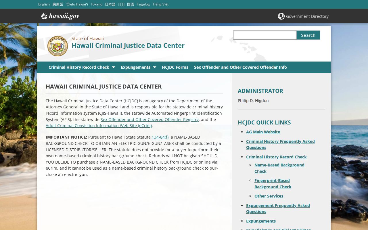 Hawaii Criminal Justice Data Center criminal history services and headquarters