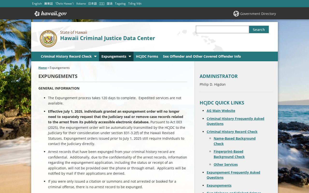 Hawaii criminal history expungement application channel