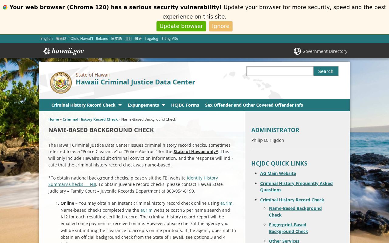 Hawaii criminal history eCrim and name check fees