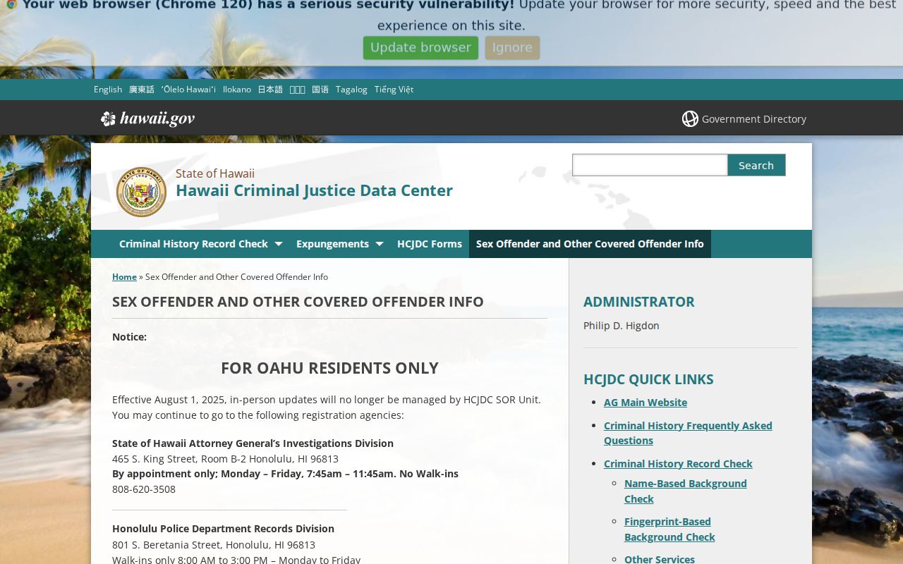 Hawaii sex offender registry program information from HCJDC